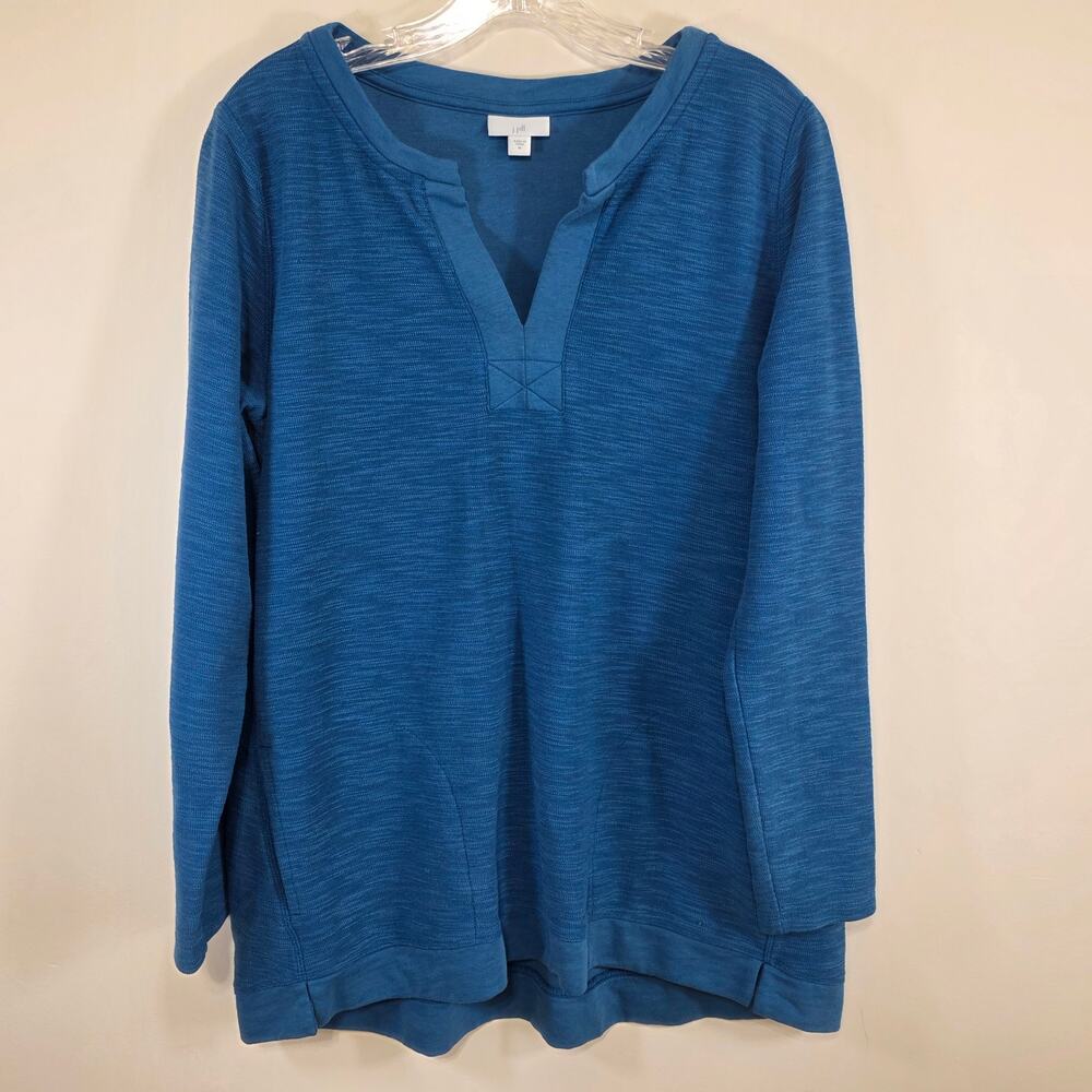 J.Jill Womens Blue Slub Knit V Neck Top Long Sleeve Split Travel Wear Size Med